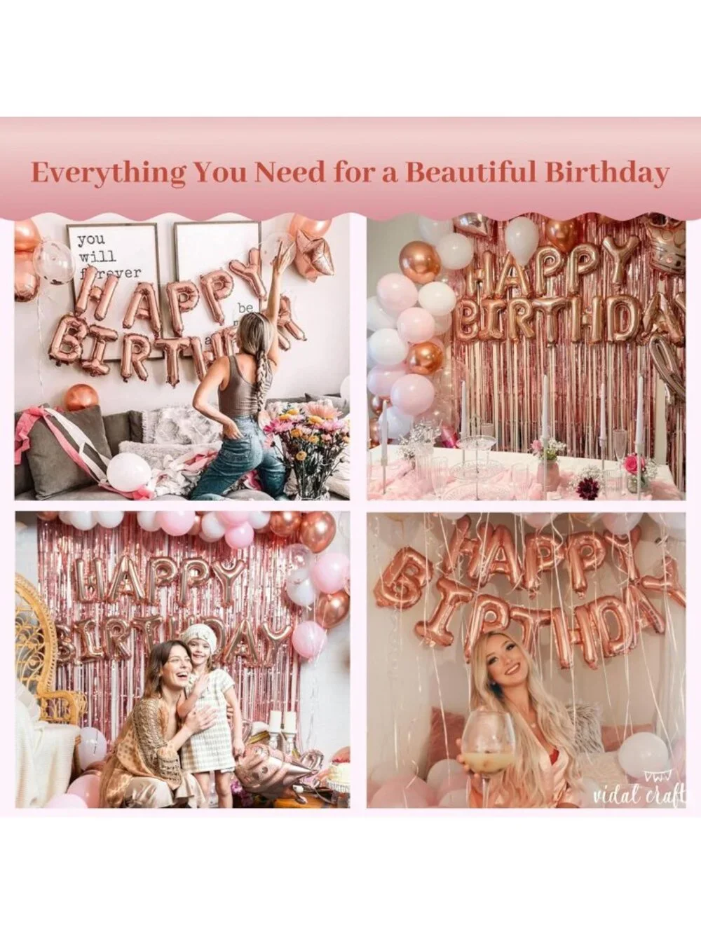 Rose Gold Birthday Decorations Set - 71-Piece Party Supplies with Balloons